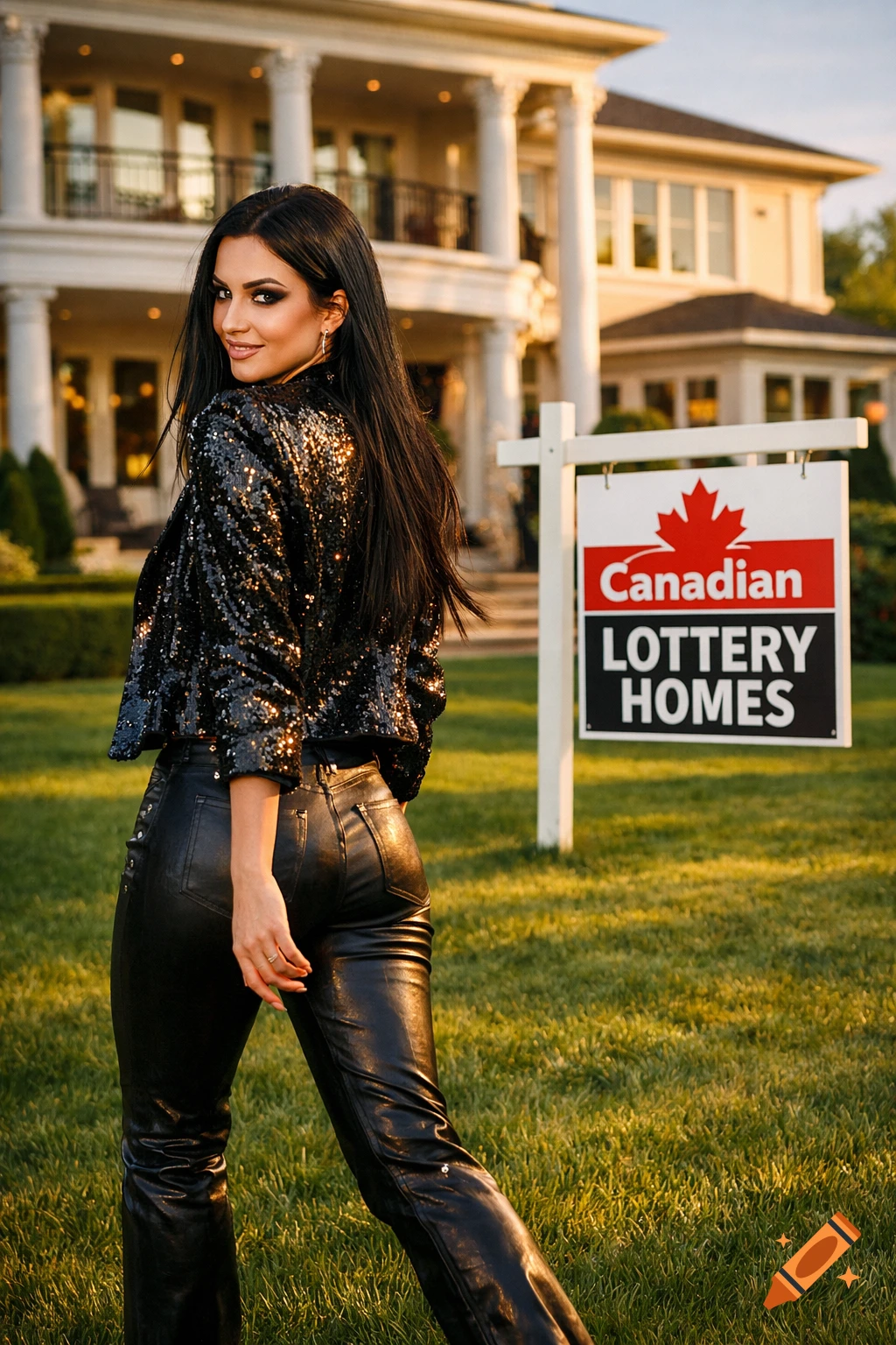 A stylish woman in a sequin jacket and leather pants walks across a lawn in front of a luxurious home with a 'Canadian Lottery Homes' sign, smiling back at the camera.