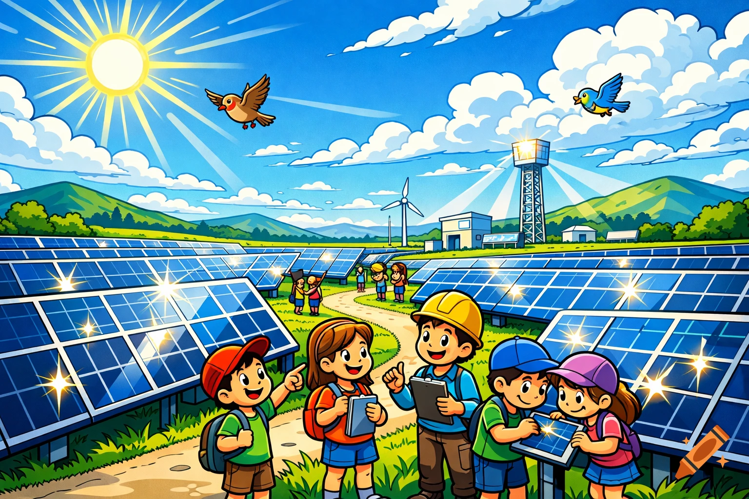 Cartoon of children exploring a sunny solar park with panels, a wind turbine, and birds in the sky.