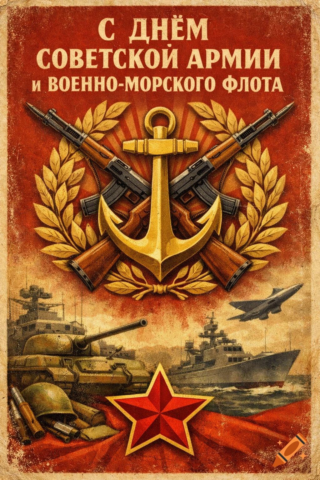 A vintage-style Soviet Army and Navy Day poster featuring crossed rifles, an anchor, a red star, a tank, a warship, and a jet against a distressed red background.