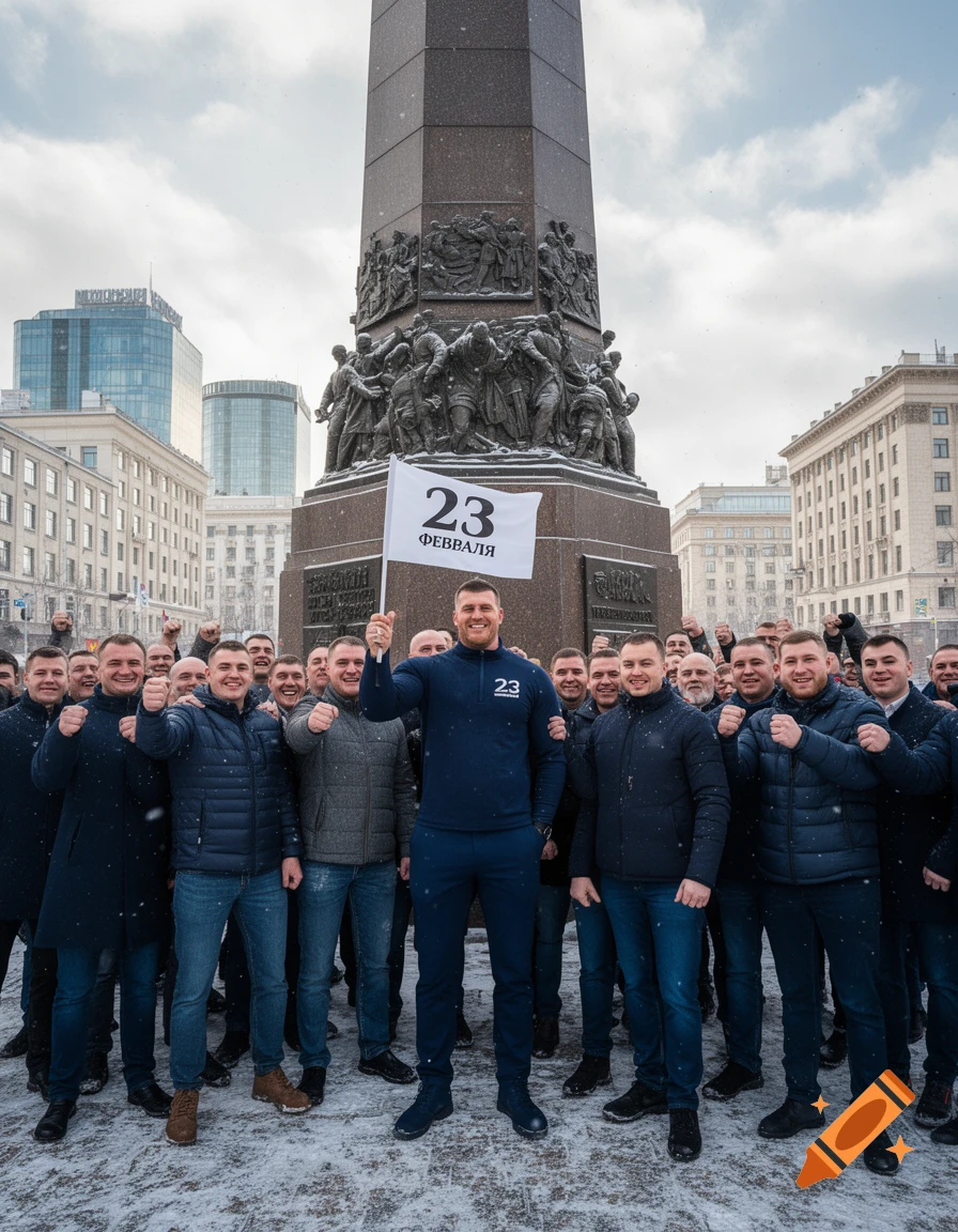 A group of men in winter coats poses in a snowy city square in front of a tall monument, one holding a flag reading '23 ФЕВРАЛЯ'.