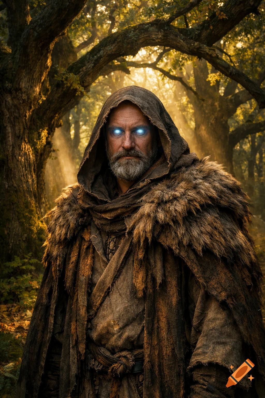 A mystical bearded man in a hooded, tattered robe with glowing blue ...