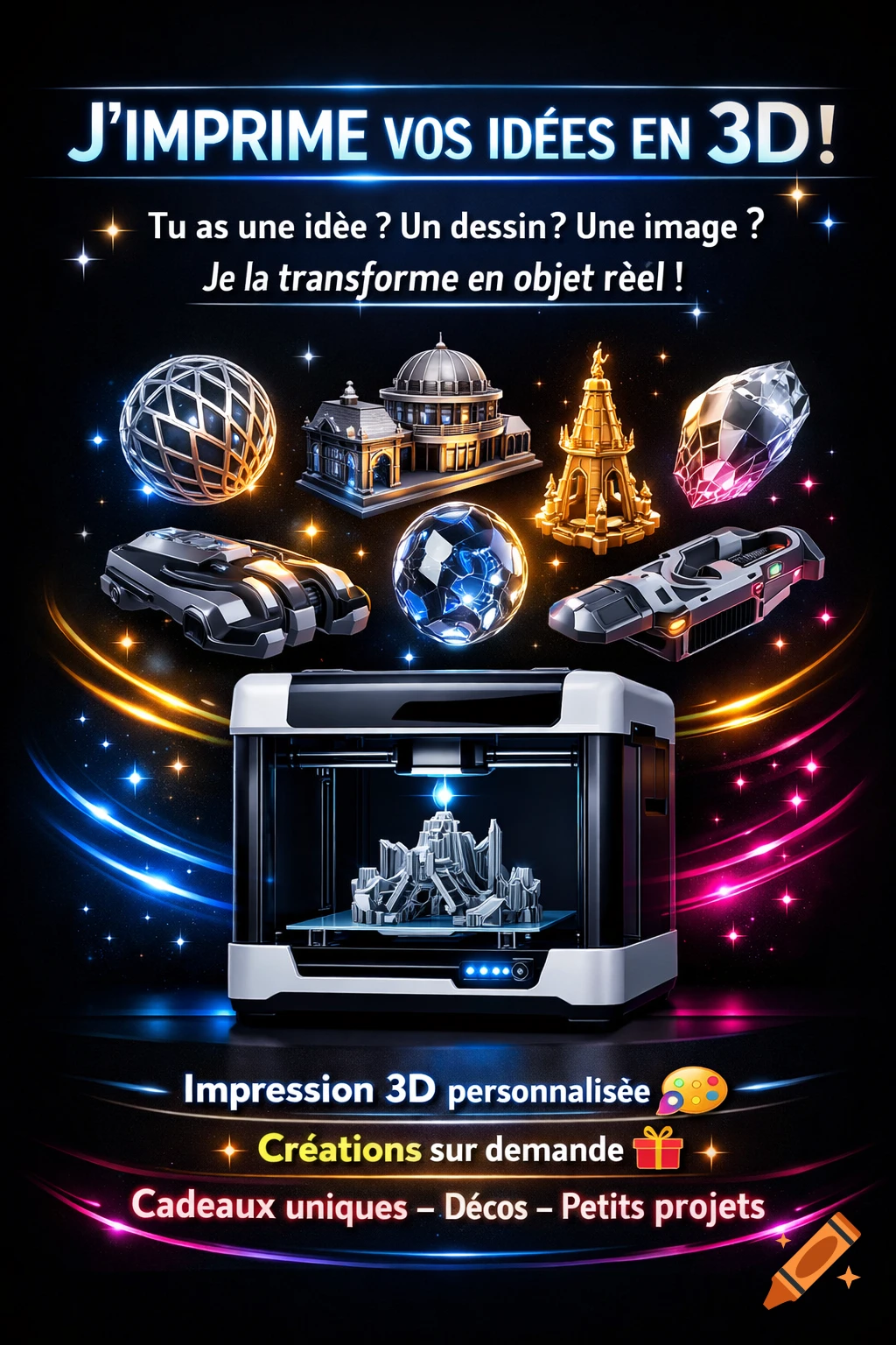 A promotional poster for 3D printing services showing a 3D printer with a city model inside, surrounded by various 3D printed objects like buildings and futuristic vehicles, against a starry black background with neon light trails.