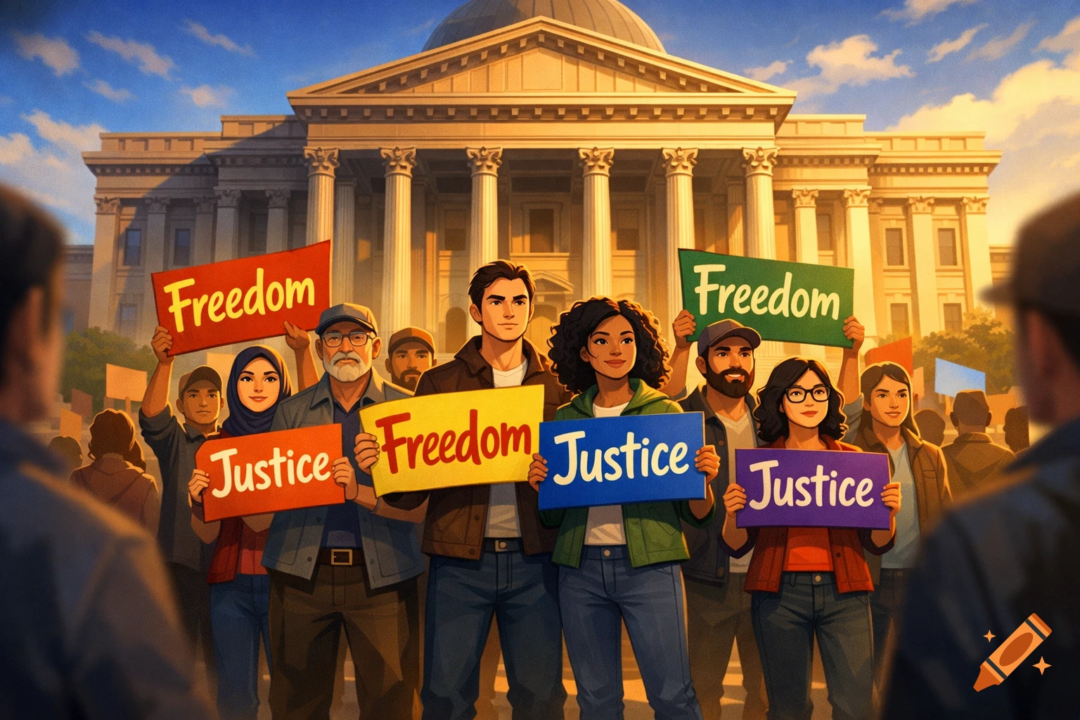 A diverse group of adults peacefully protest in front of a government building, holding signs that read 'Freedom' and 'Justice' in a semi-realistic cartoon style.