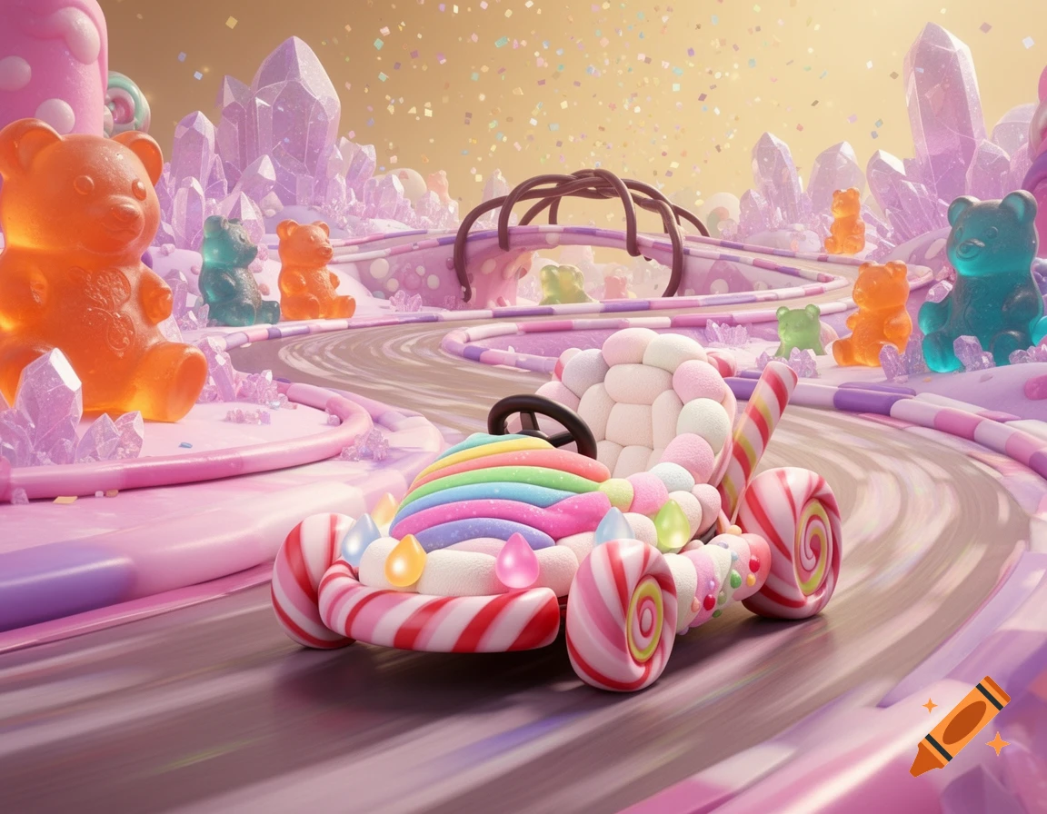 A whimsical 3D rendered scene of a colorful candy kart on a sweet racing track, surrounded by giant gummy bears and crystal candies.