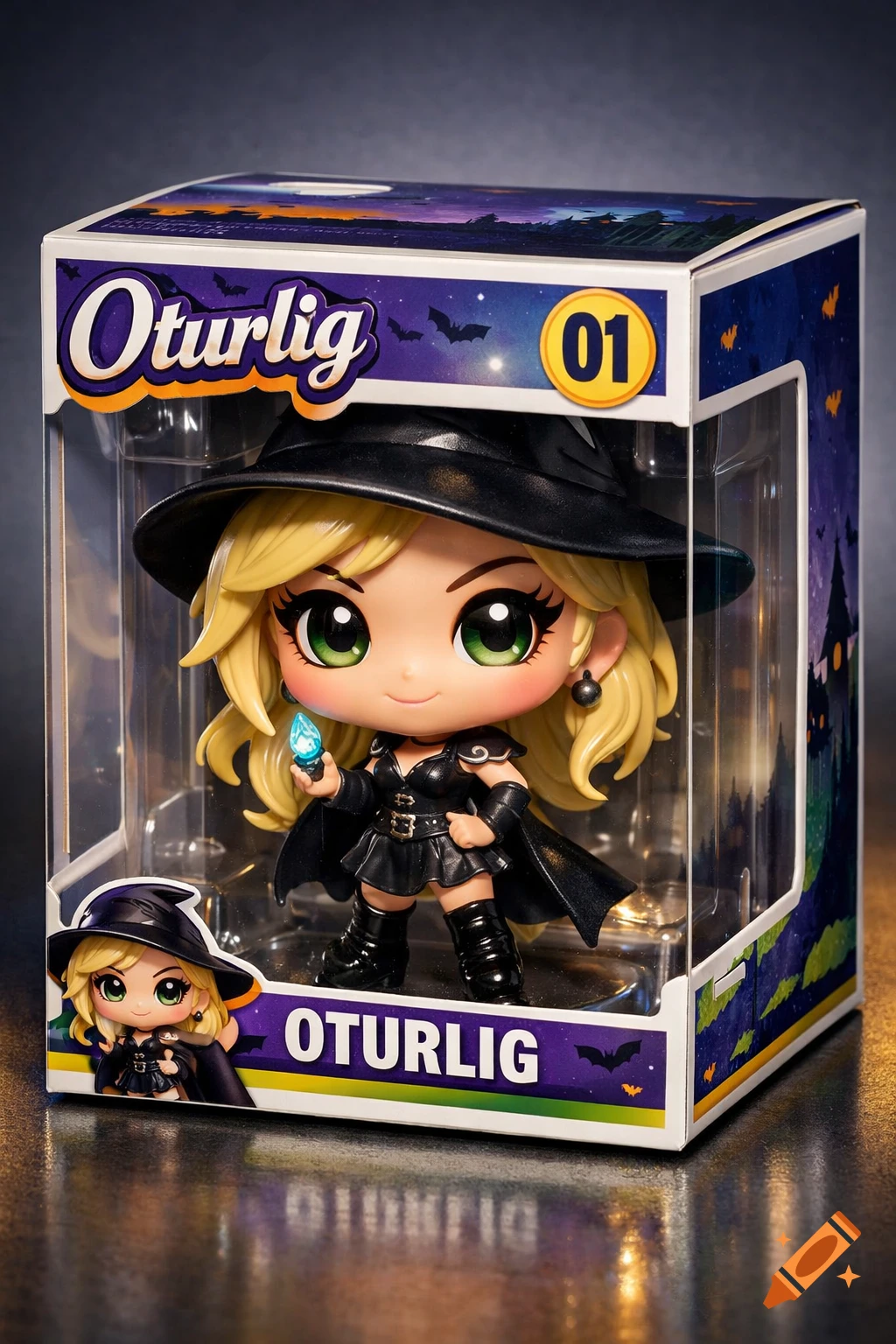 Chibi witch figure in a black dress and hat, holding a glowing blue orb, displayed in a box labeled 'Oturlig 01'.