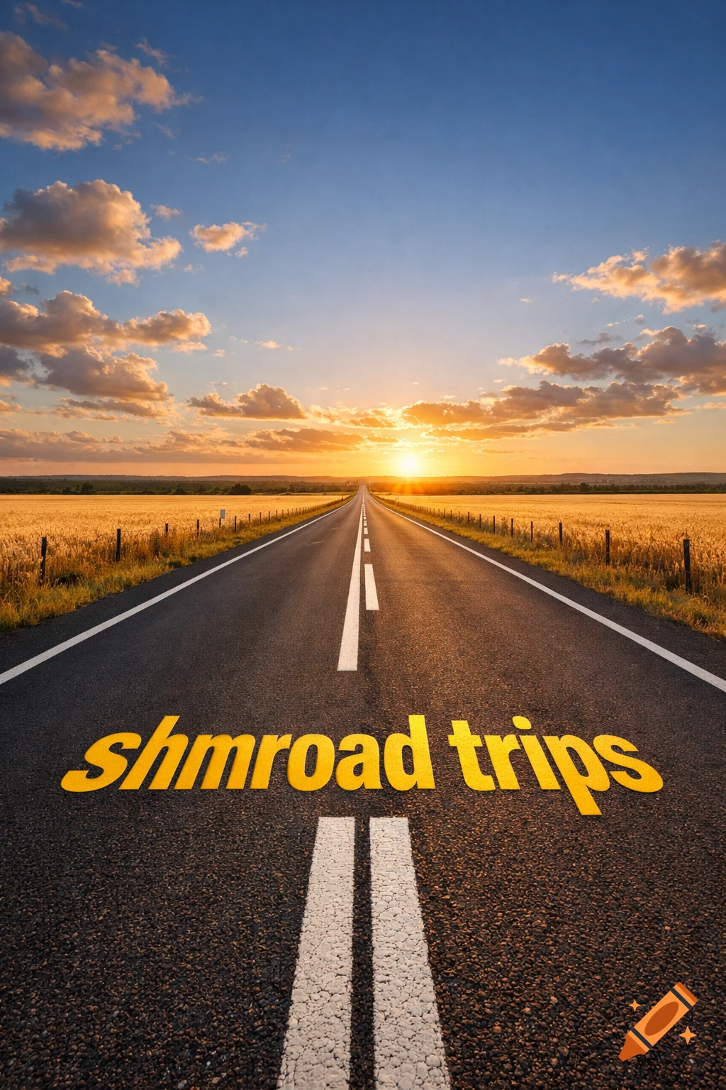 A long road stretching towards a vibrant sunset over golden fields, with 'shmroad trips' written on the asphalt.