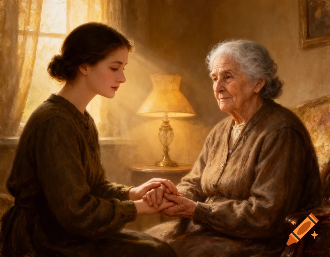 A painterly portrait of a young woman holding an elderly woman's hands in a warmly lit, cozy room.