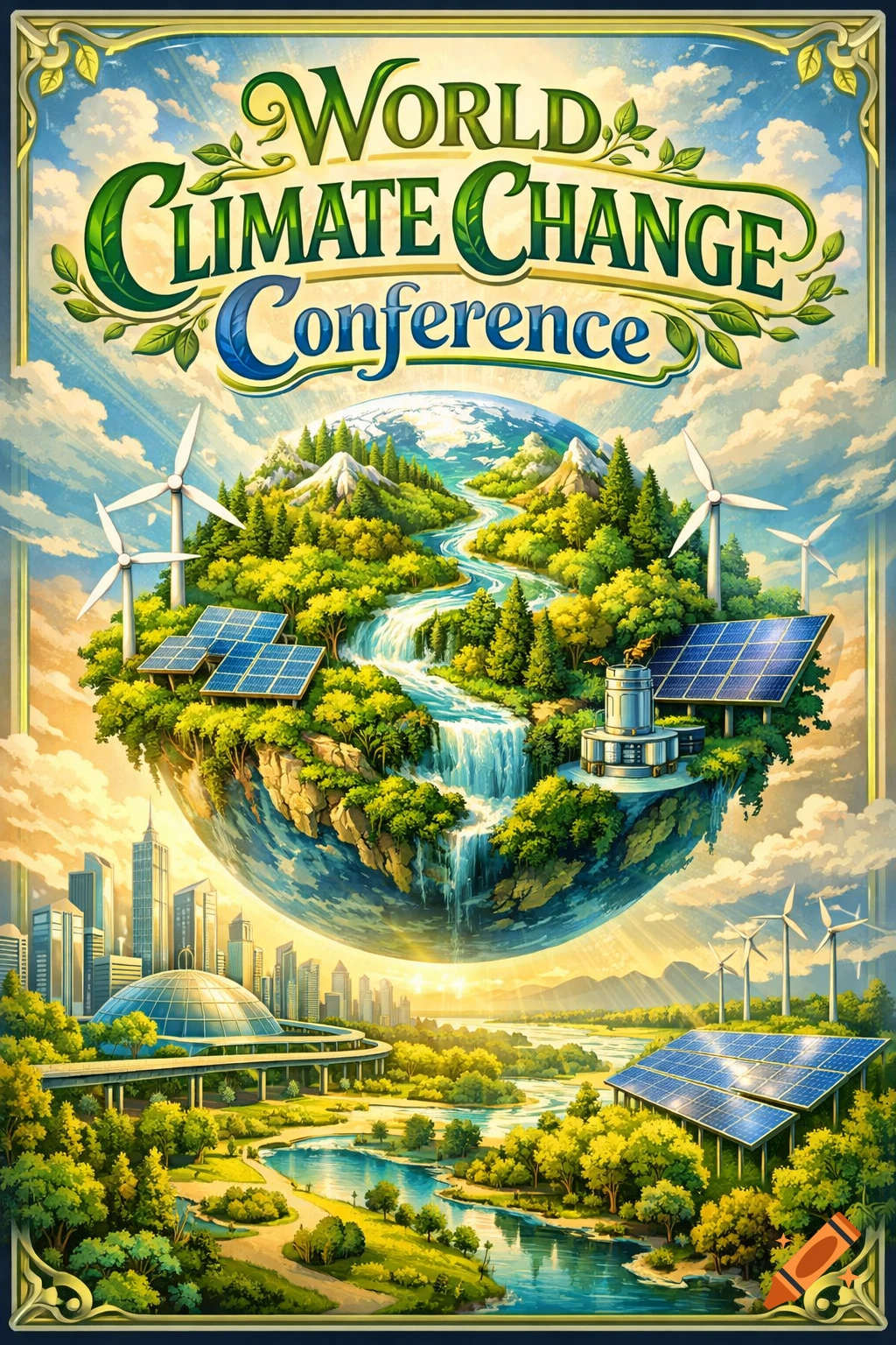 A vibrant illustrated poster for the "World Climate Change Conference" featuring a green Earth, winding rivers, mountains, cities, wind turbines, and solar panels.