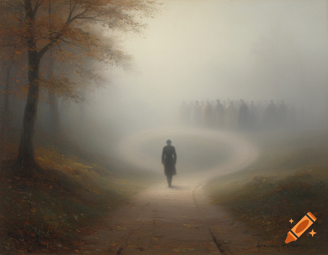A solitary figure walks away on a foggy path with autumn trees, leaving a blurred crowd behind, in a moody oil painting style.