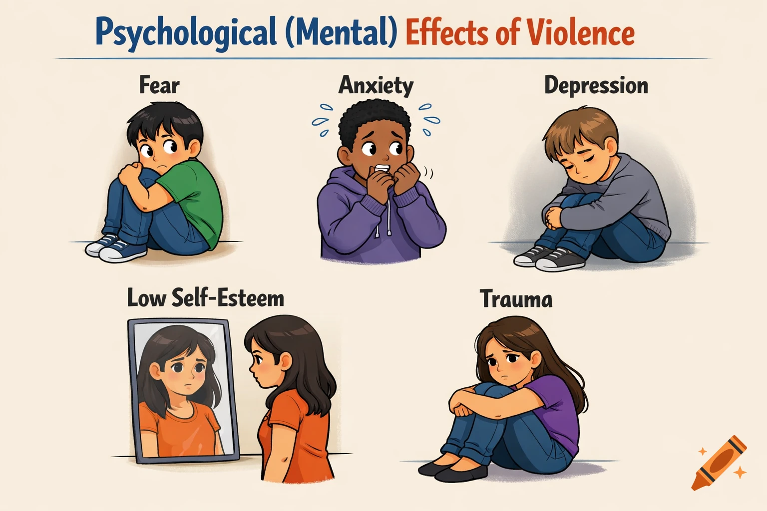 Educational cartoon poster depicting psychological effects of violence, showing characters experiencing fear, anxiety, depression, low self-esteem, and trauma.