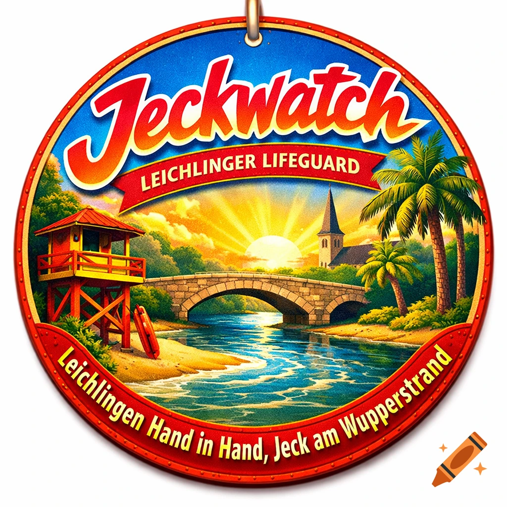 A colorful round emblem in a Baywatch style, featuring a vibrant sunrise over a river with a stone bridge, a lifeguard tower on a sandy bank, palm trees, and a church spire. Text reads "Jeckwatch", "Leichlinger Lifeguard", and "Leichlingen Hand in Hand, Jeck am Wupperstrand".