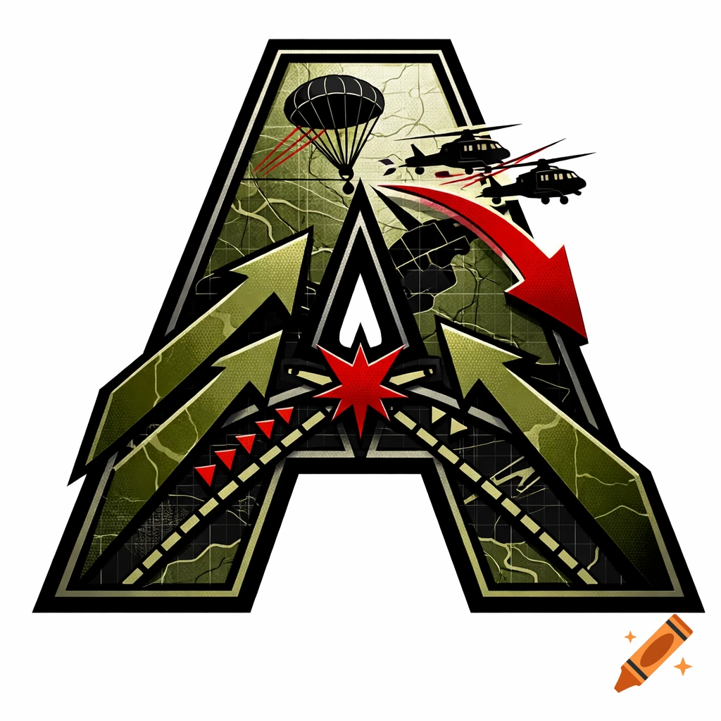 A stylized uppercase letter A with military graphics, including a parachutist, helicopters, and arrows, in a textured green and black design.