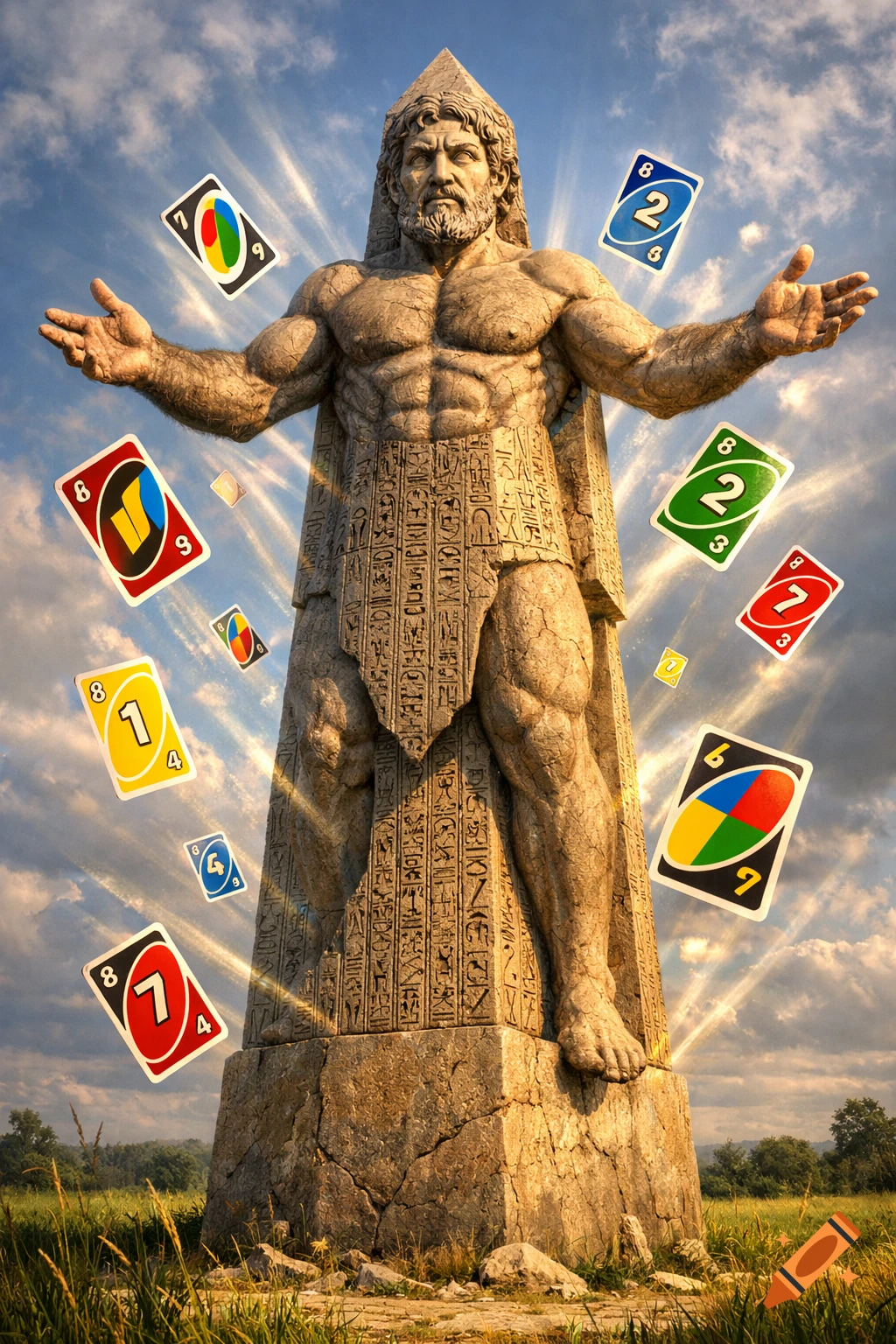 A giant muscular stone statue of a man with a beard stands with arms outstretched as colorful UNO cards float around him under a dramatic sky.