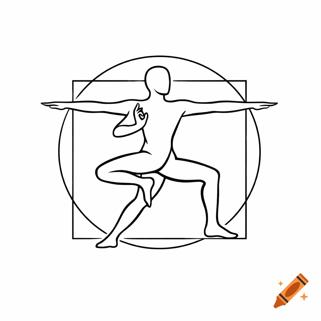 Black line art logo of a stylized human figure in a yoga pose, combining Warrior and Tree poses, within a square and circle.