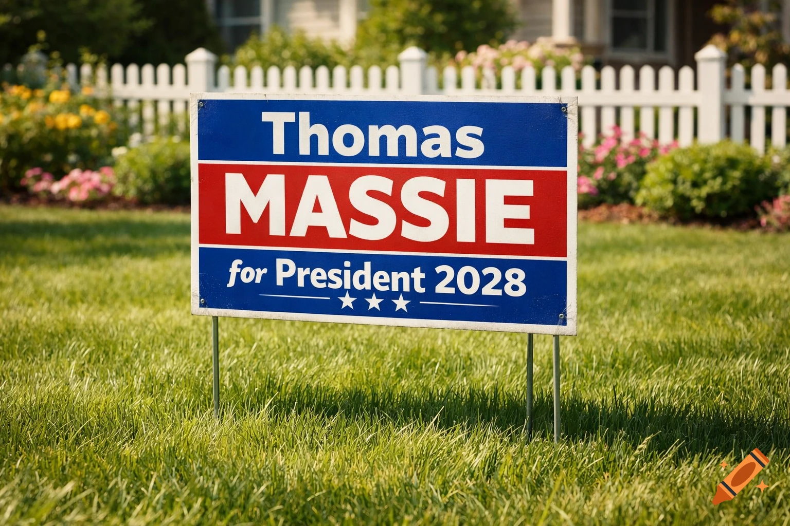 A blue and red political yard sign reading 'Thomas Massie for President 2028' stands in a green lawn in front of a white picket fence.