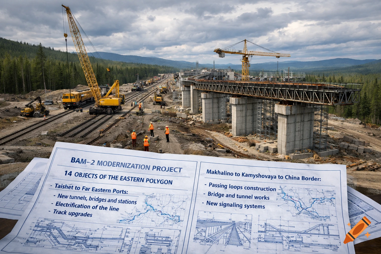 Photorealistic image of a large railroad and bridge construction project, with workers, cranes, and heavy machinery under a cloudy sky. Blueprints of the 'BAM-2 Modernization Project' are in the foreground.