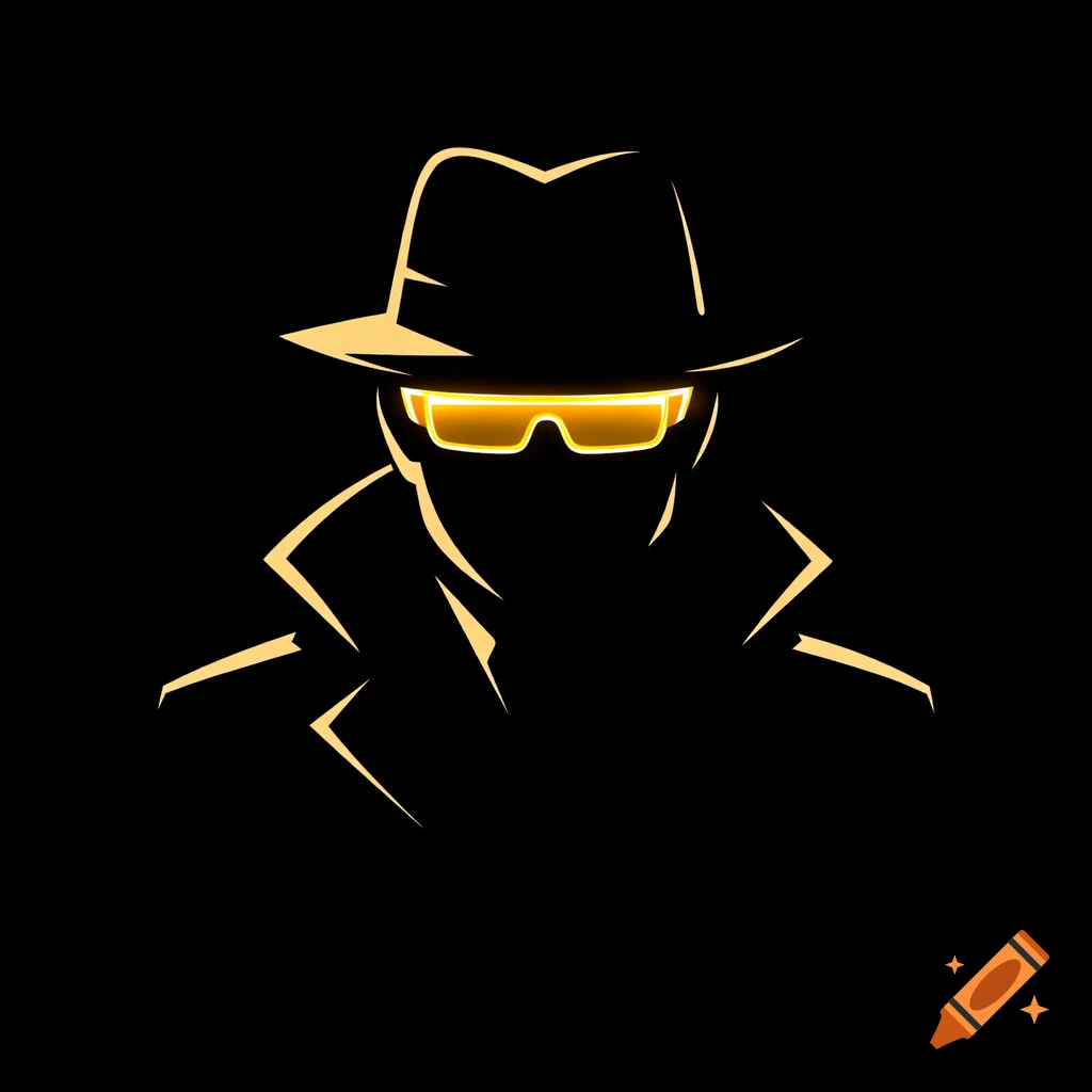Minimalist silhouette logo of a detective in a fedora and glowing gold smart glasses against a black background.