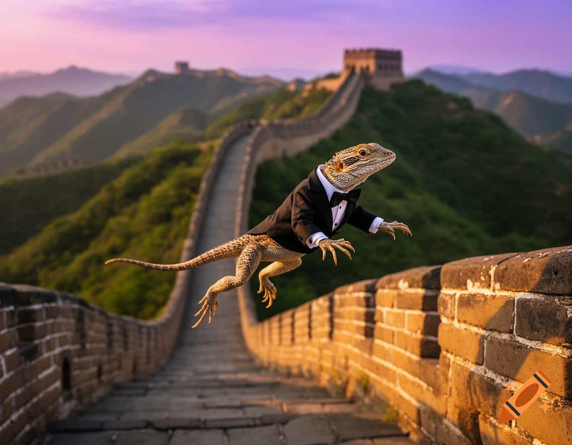 A photorealistic bearded dragon lizard in a black tuxedo jumps over the Great Wall of China at sunset.