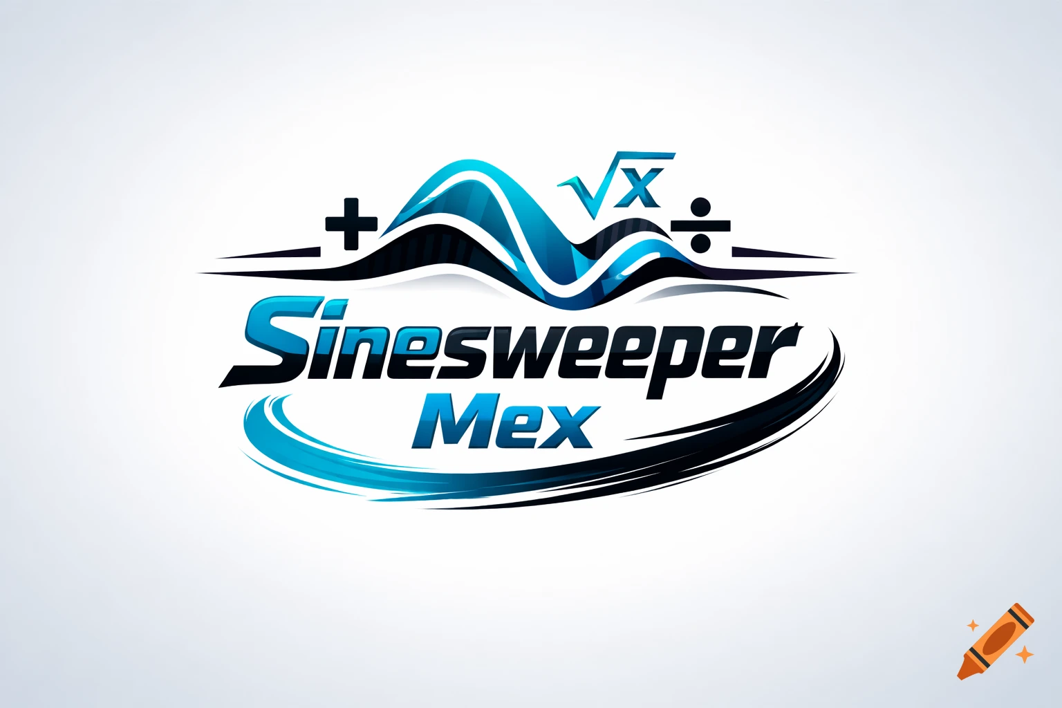 A blue and black logo for 'Sinesweeper Mex' game, featuring abstract wave shapes and mathematical symbols like plus, square root, and division.
