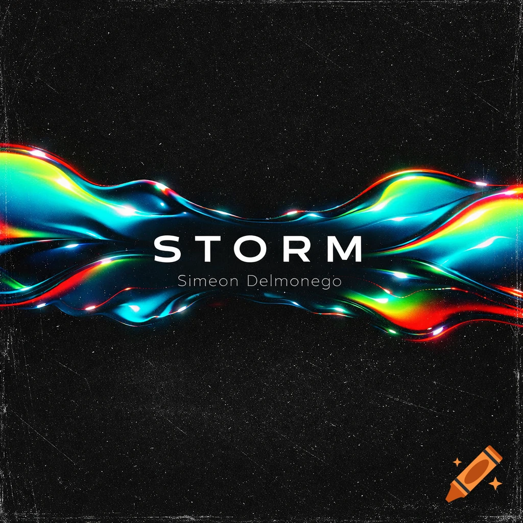 Modern abstract techno album cover with bright, flowing, wavy liquid shapes in neon cyan, turquoise, green, and red against a dark background. The title "STORM" is in white with "Simeon Delmonego" below it.