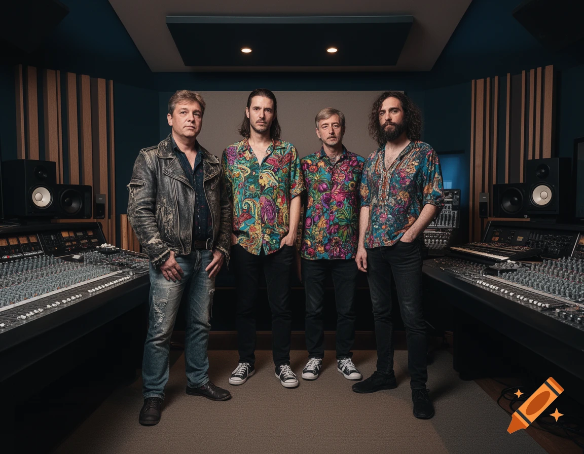 Four men, a progressive rock band, pose professionally in a recording studio among audio mixing consoles and sound panels.