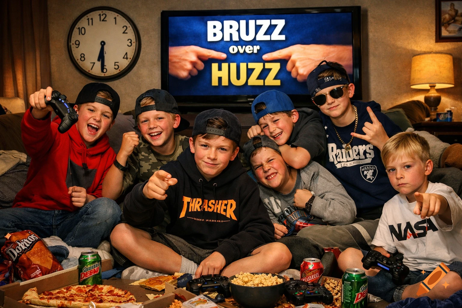 Seven young boys, some in caps, are excitedly gathered in a living room for a gaming sleepover, surrounded by pizza, snacks, and soda. A TV screen behind them displays "BRUZZ over HUZZ." Some boys point playfully at the viewer, while others smile, hold controllers, or flash hand signs.