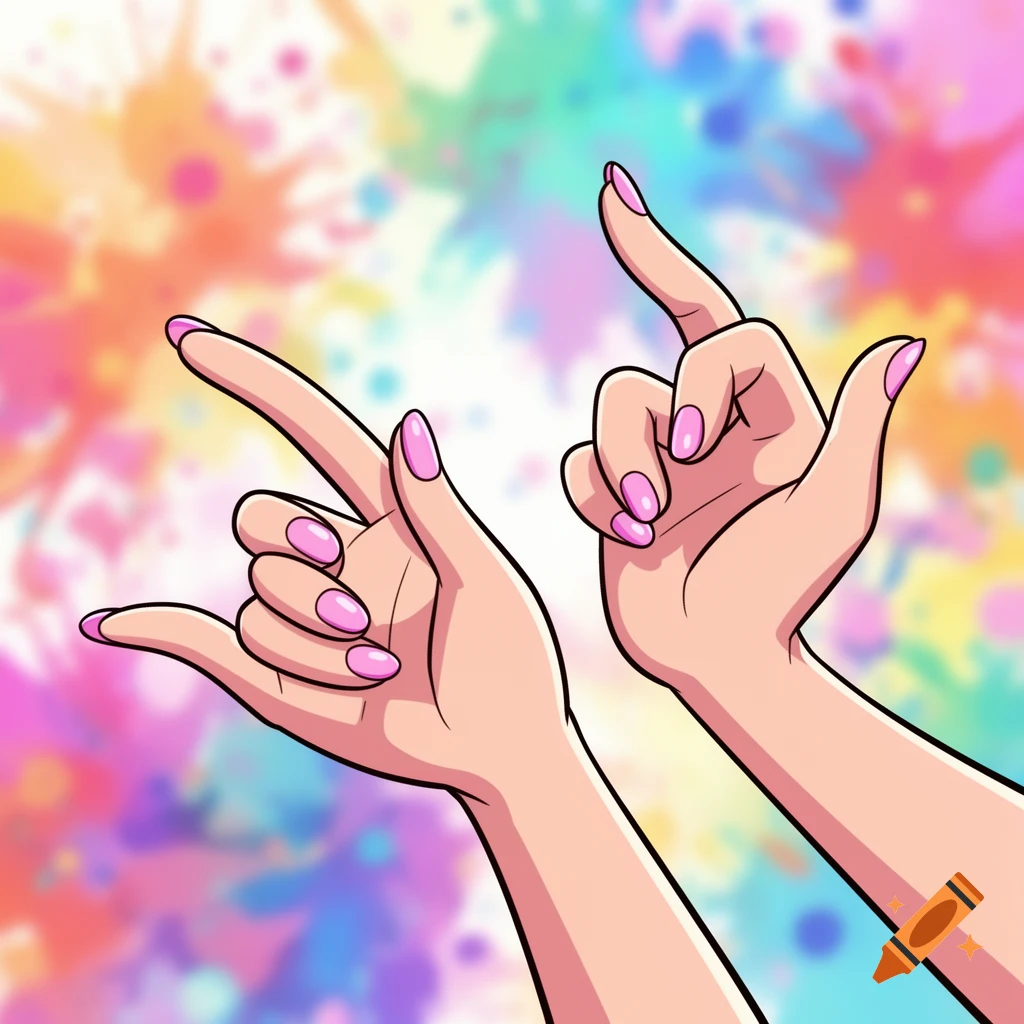 Two cartoon hands with pink nails make gestures against a vibrant, colorful splash background.