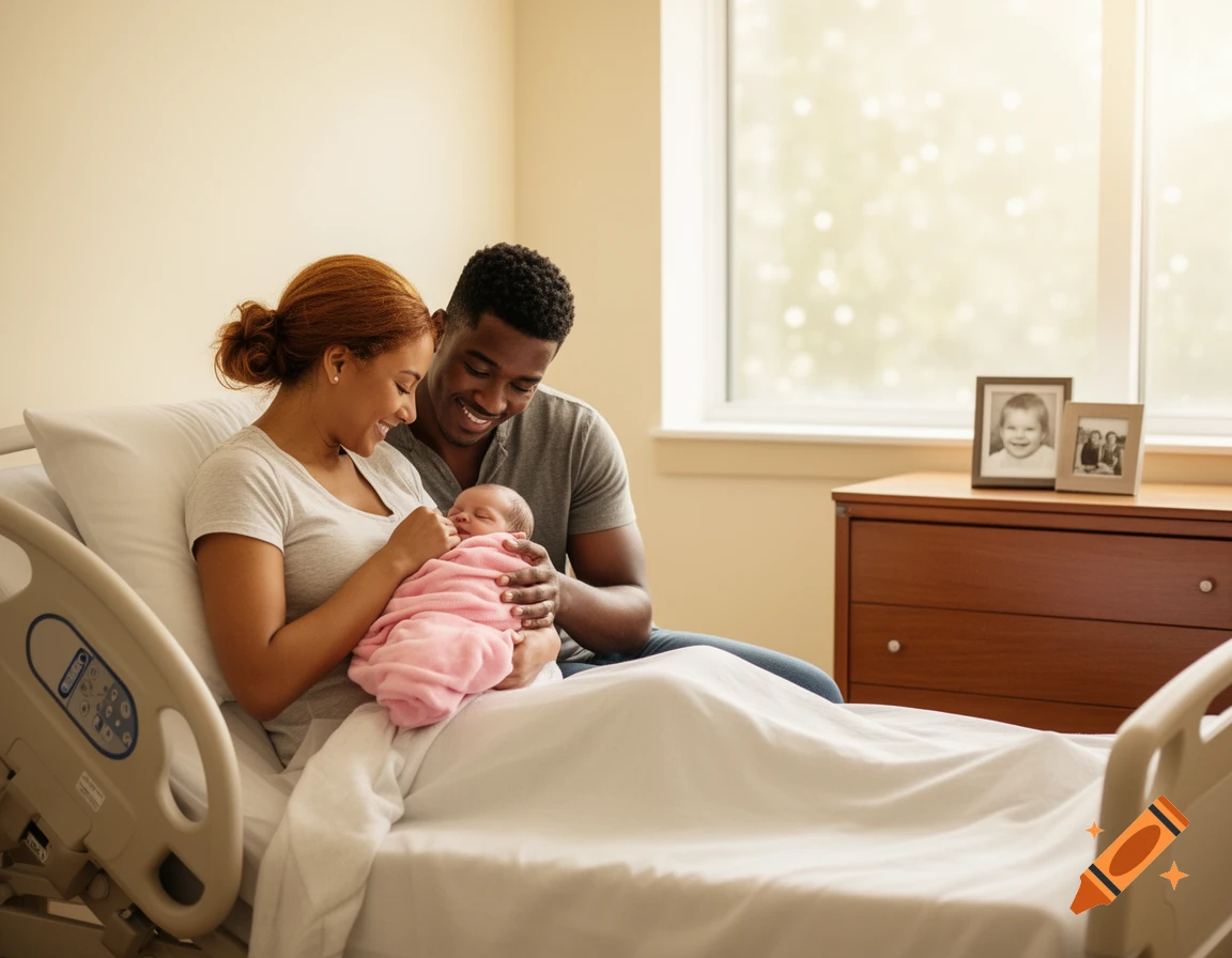 A smiling biracial couple holds their swaddled newborn baby in a hospital maternity room, with a dresser and window in the background.