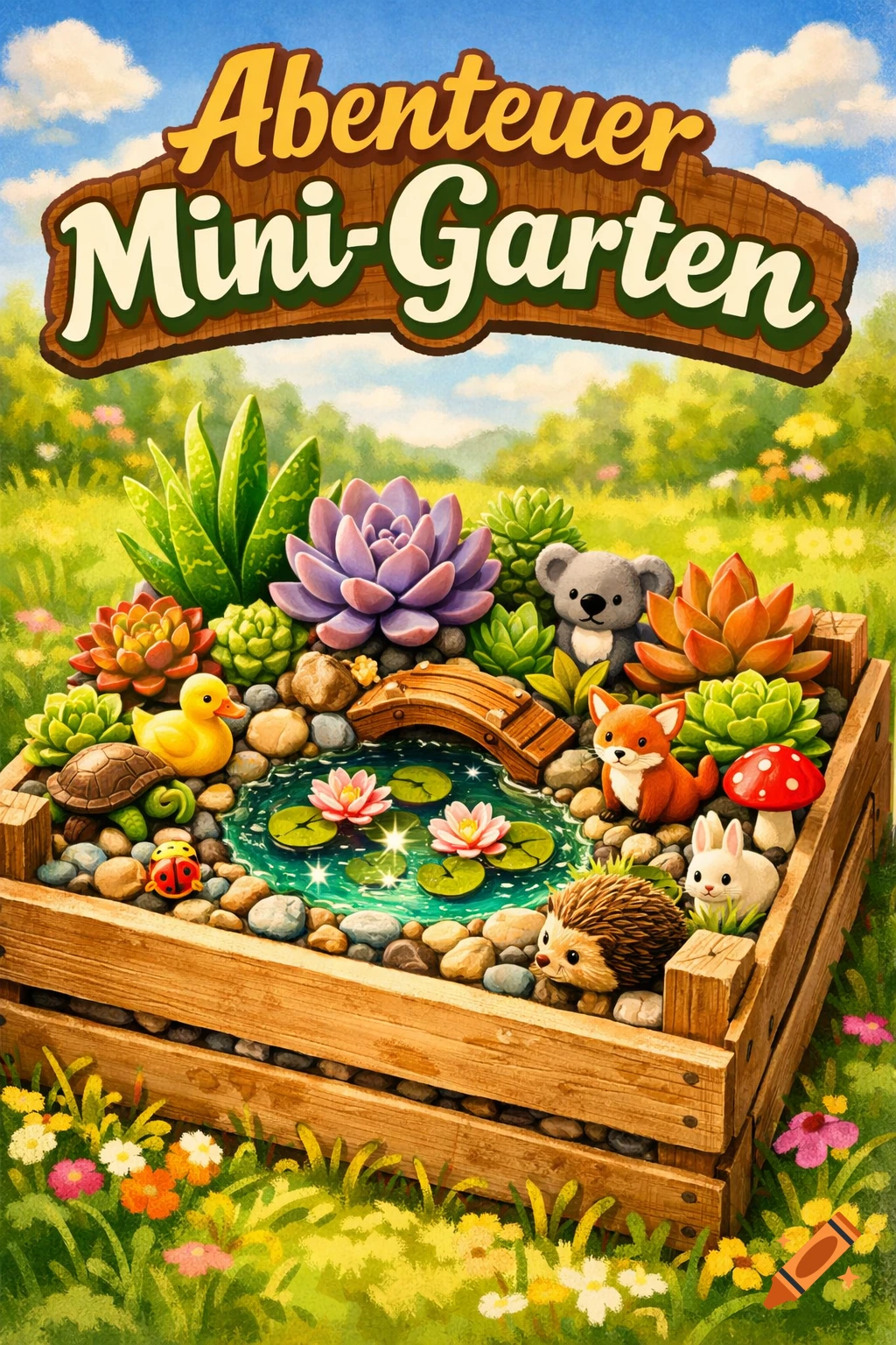 Colorful illustration of a mini-garden in a wooden crate with succulents, a pond, and toy animals like a fox and koala, under a sign that reads 'Abenteuer Mini-Garten'.