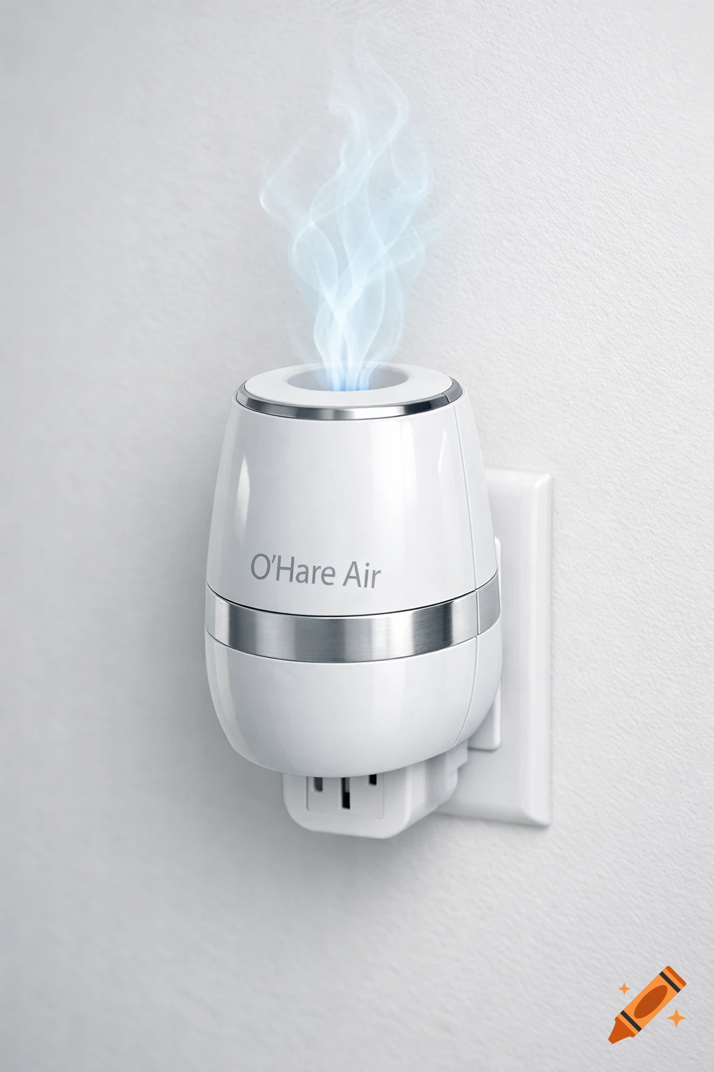White O'Hare Air plug-in air freshener emitting light blue smoke from top, plugged into a white wall.