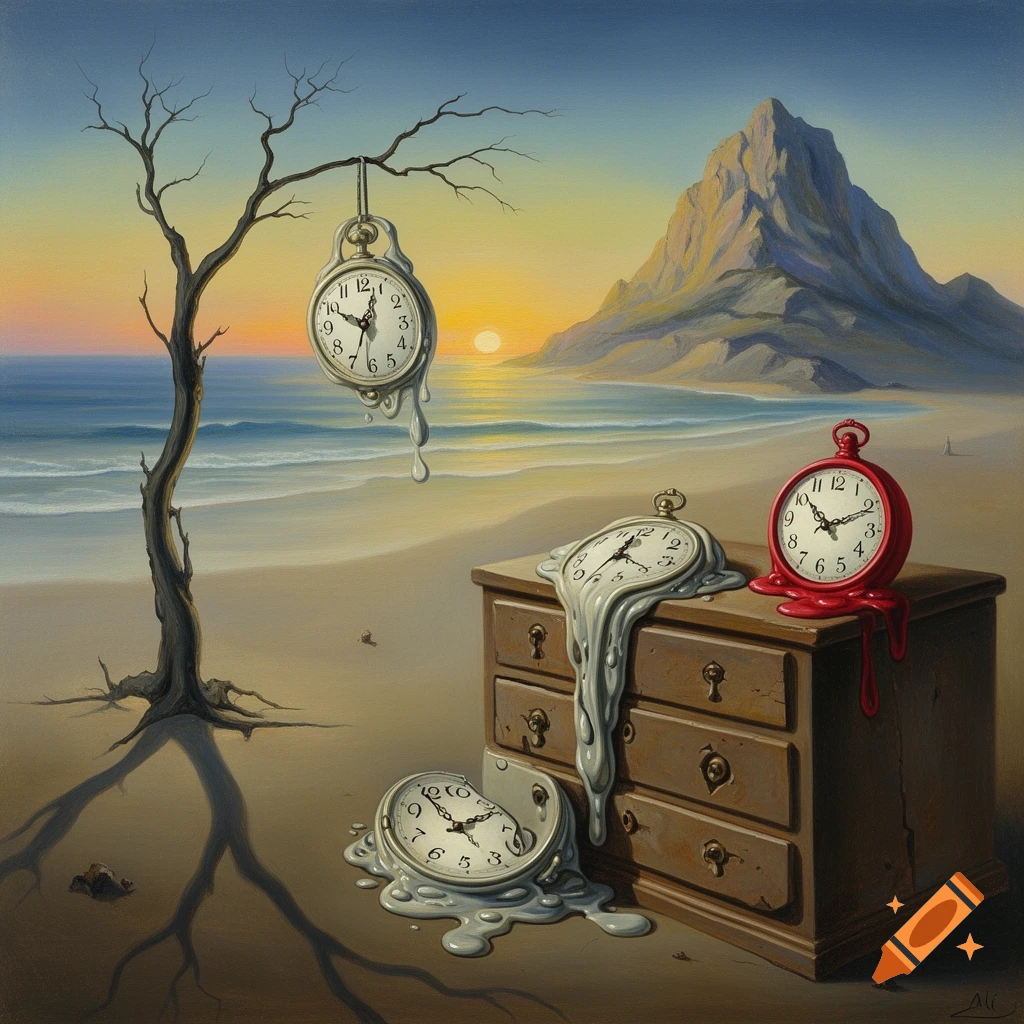 Surreal painting of melting clocks in a beach landscape with a dead ...