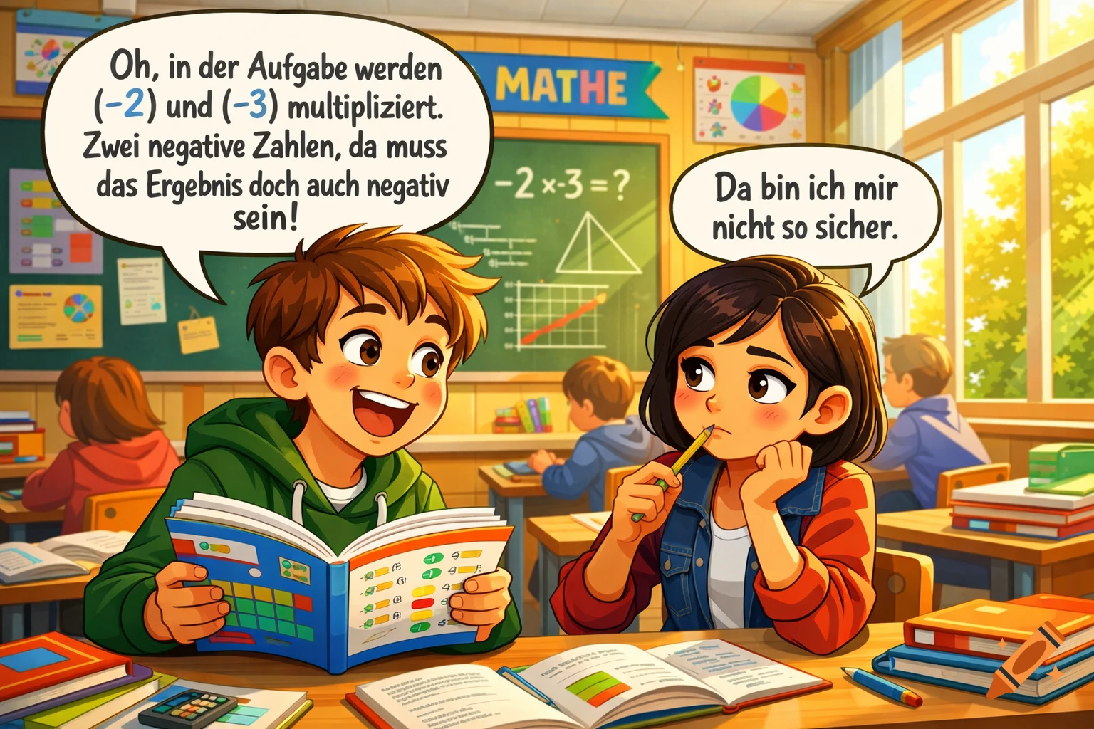 Two Students Discuss Math Cartoon A cartoon illustration shows two elementary school students discussing ...