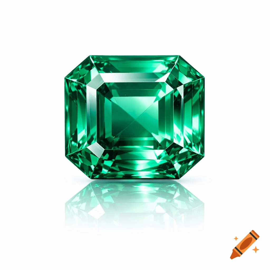 Photorealistic emerald-cut green gemstone with a reflection on a white background.