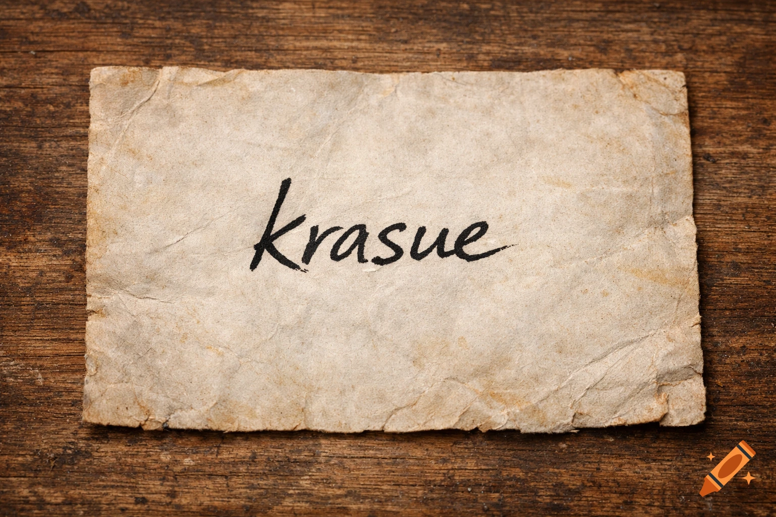 The word "krasue" handwritten in black ink on a rustic, old piece of crumpled and stained parchment paper, set against a dark wooden background.