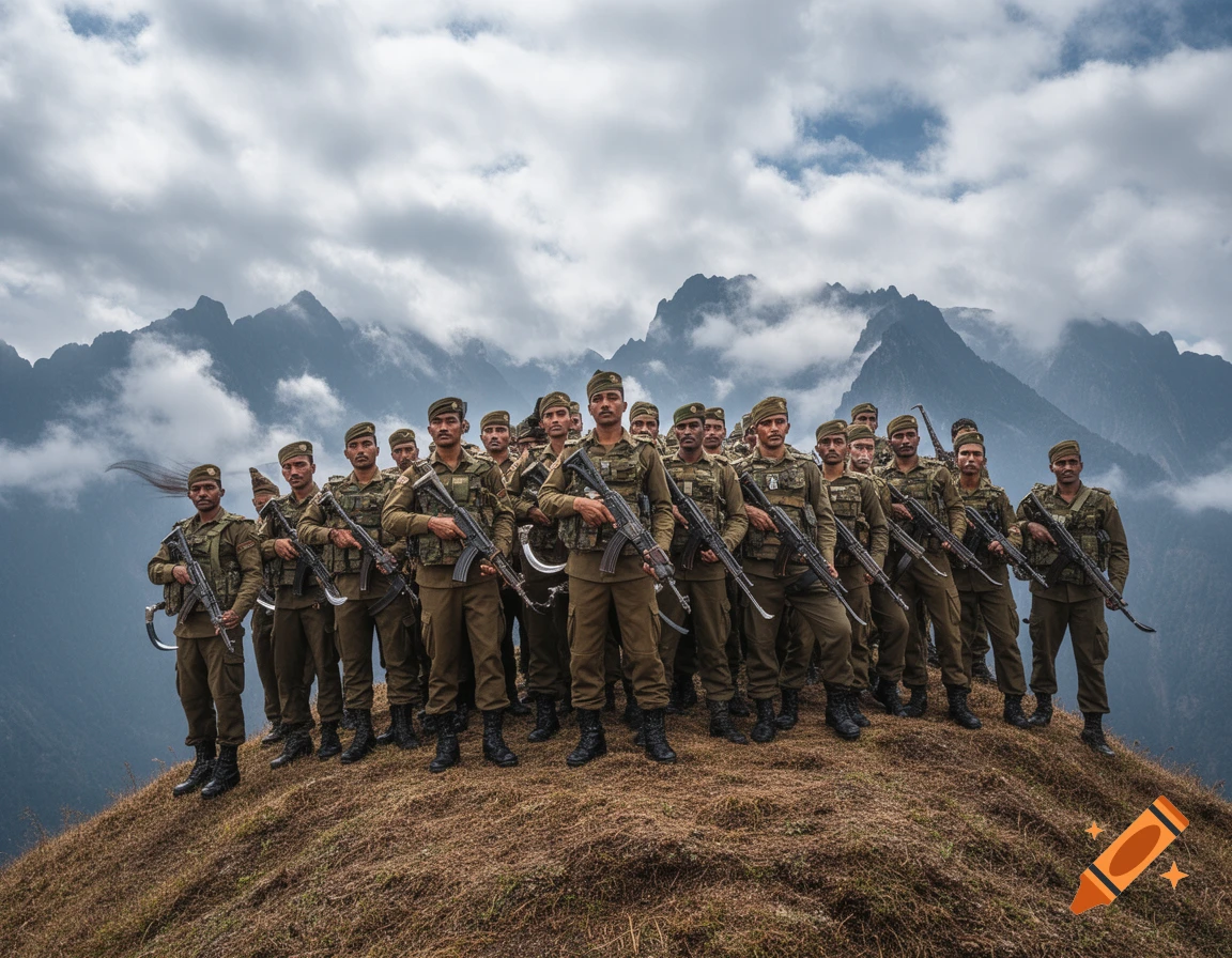 A group of soldiers in military uniforms and hats stand with rifles on a grassy hill with cloudy mountains in the background.