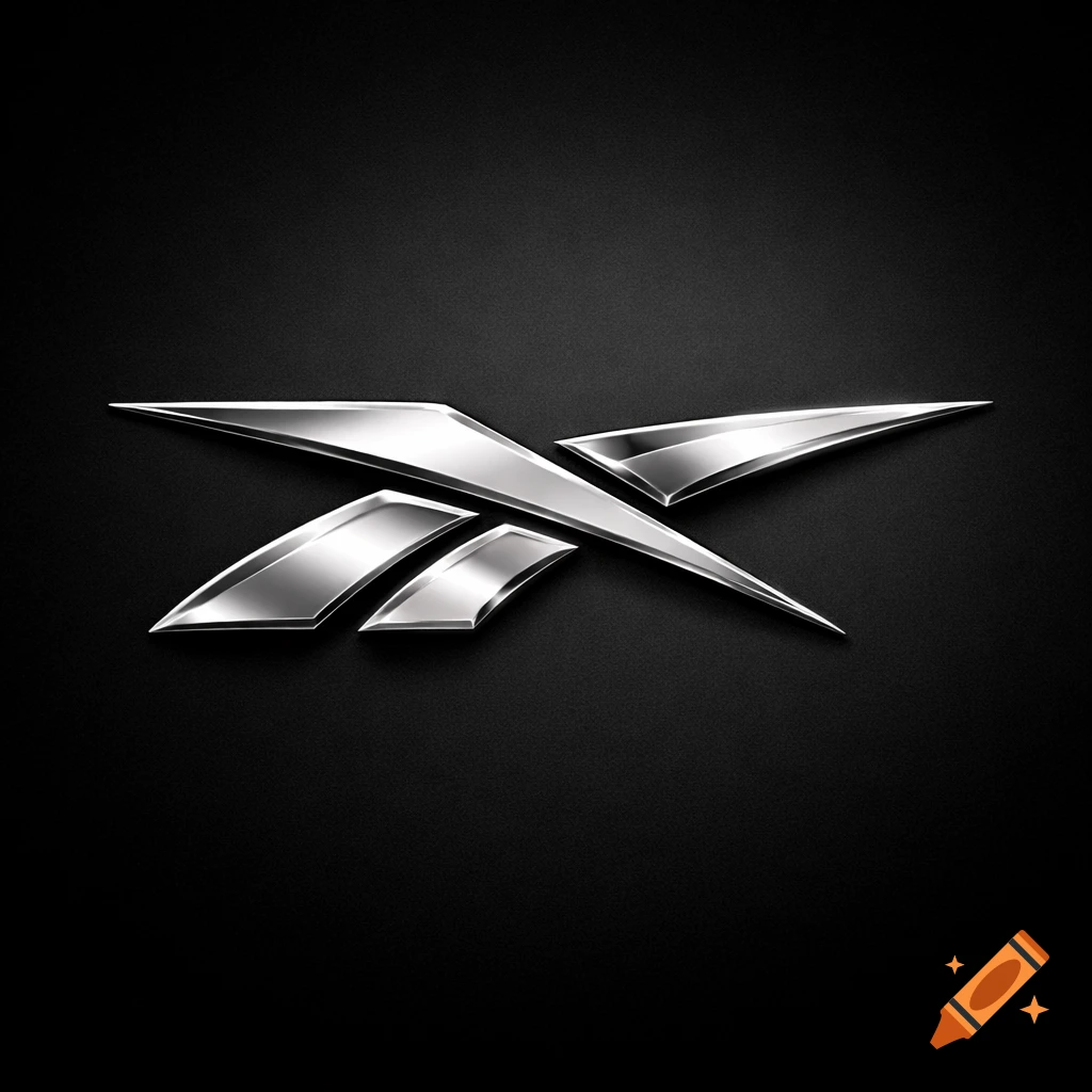 Silver metallic Reebok logo on a dark, textured background, rendered with reflections.