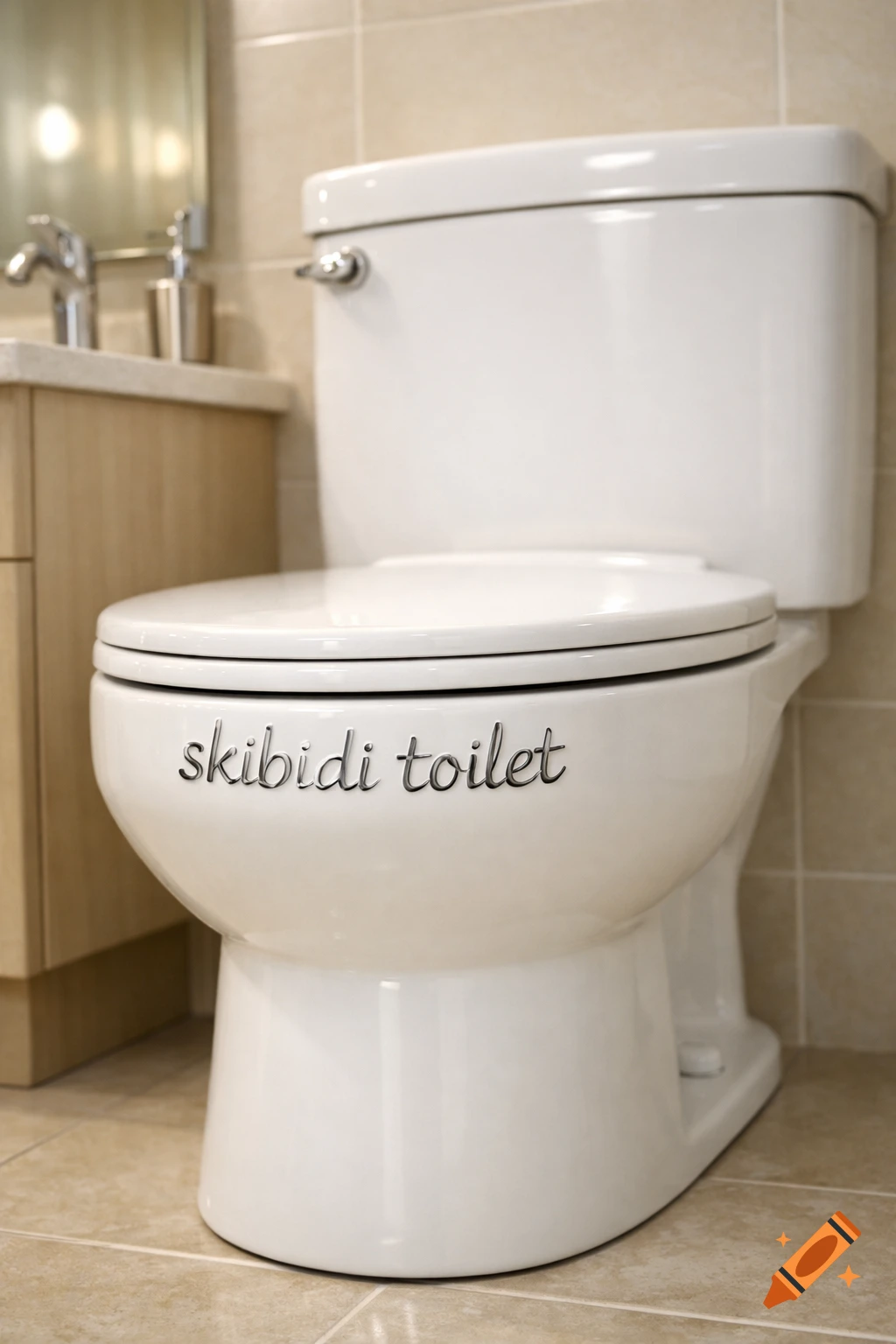 A white toilet in a tiled bathroom with 'skibidi toilet' written on the bowl.