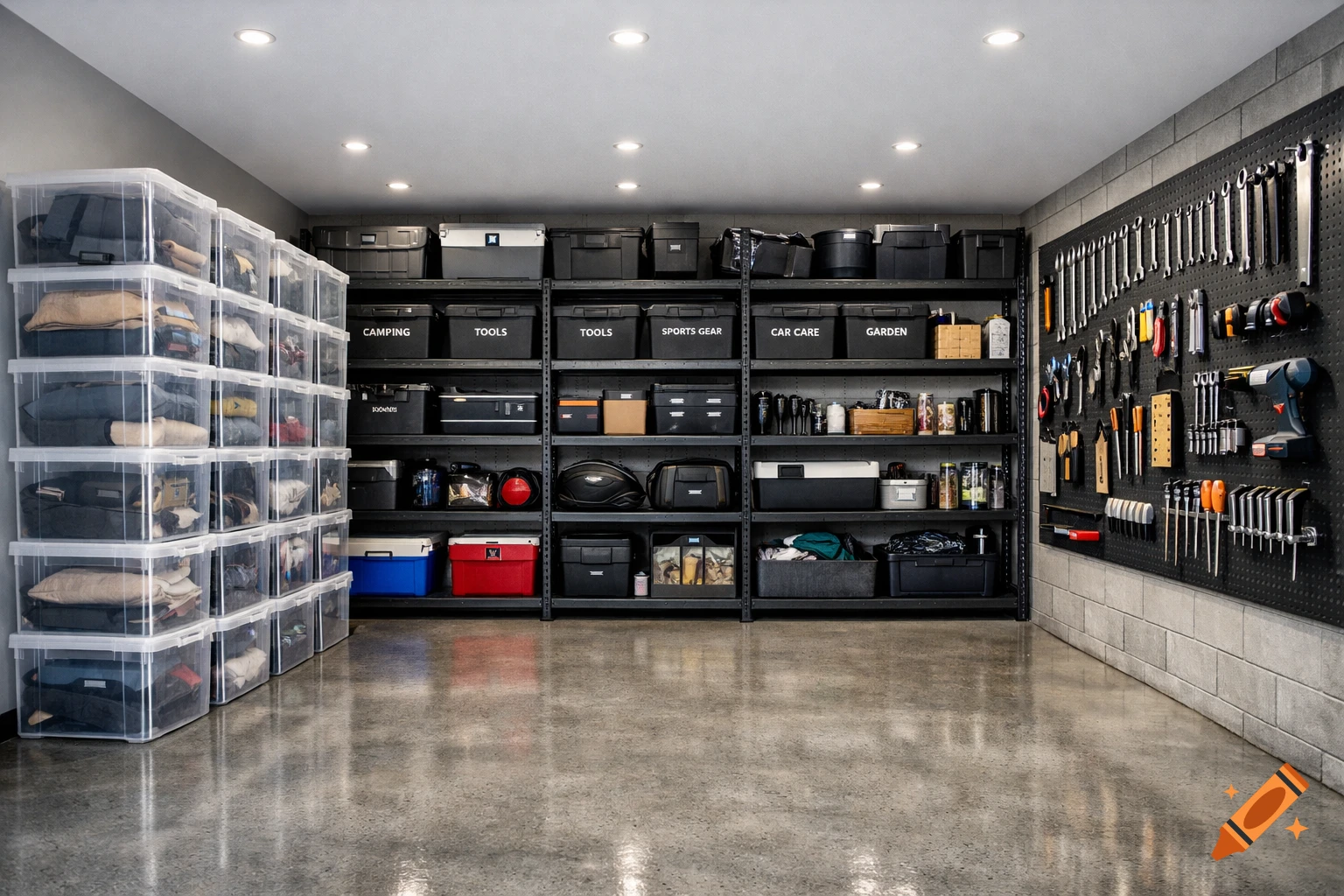 Photorealistic modern garage with neatly stacked clear storage cubes, labeled bins on shelving units, and tools organized on a pegboard wall.