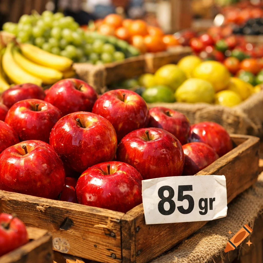 Close-up of red apples in a wooden crate at a market stall, with a '85 gr' tag. Other fruits visible in the background.