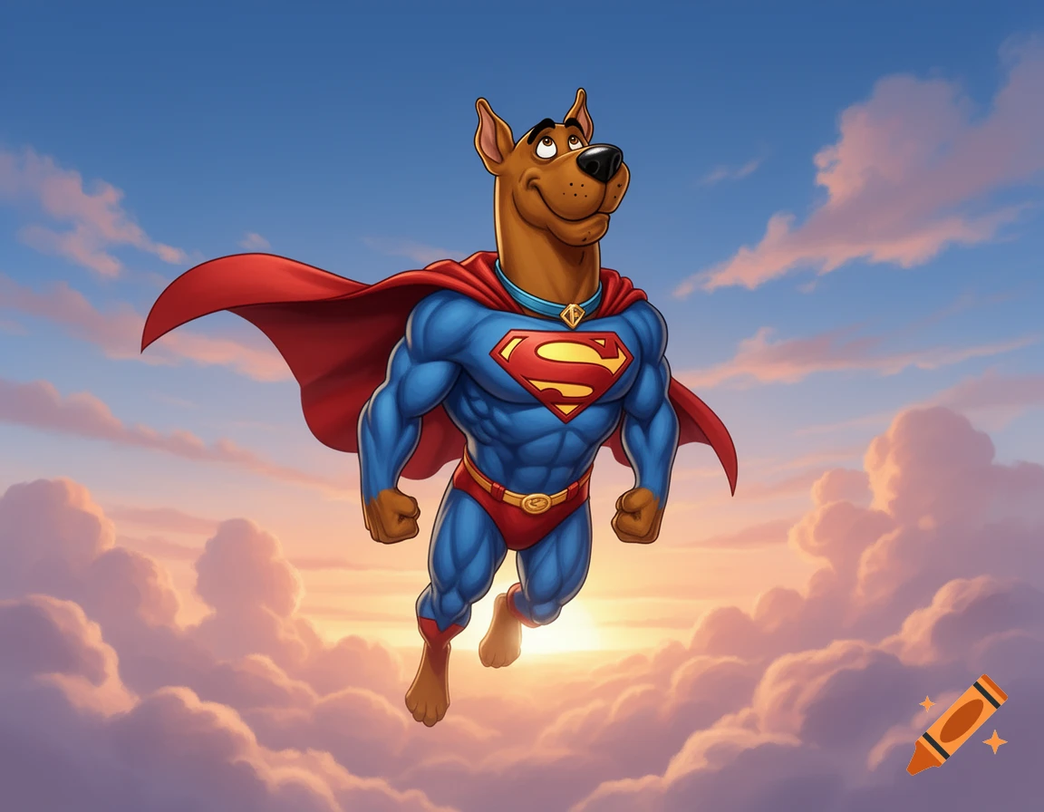 A muscular Scooby-Doo in a Superman suit flies confidently through a cloudy sky with the sun setting behind him, in a cartoon style.