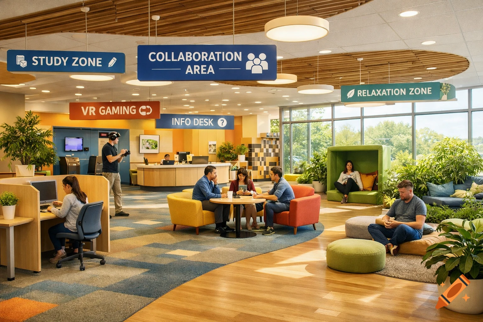 Collaboration Room Advanced Learning Library A vibrant, modern library or learning center with different zones for ...