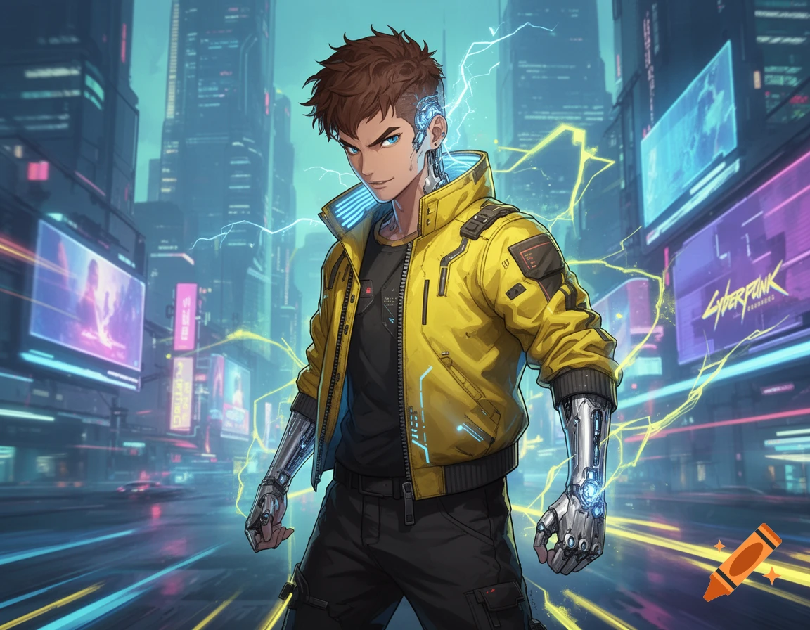 Anime illustration of David Martinez from Cyberpunk Edgerunners, with cybernetic arms and glowing lightning, in a neon futuristic city.