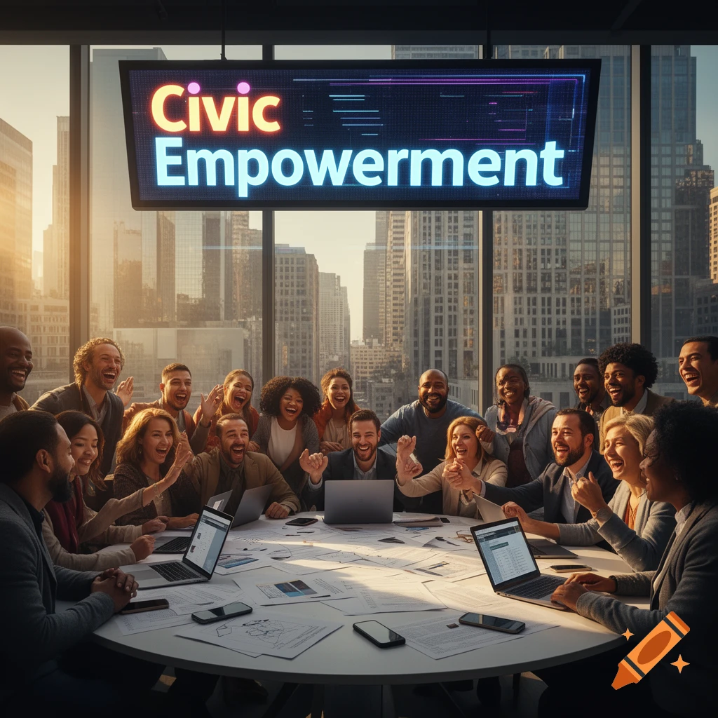 A diverse group of smiling people around a conference table in a modern office, with a screen displaying "Civic Empowerment" above them.