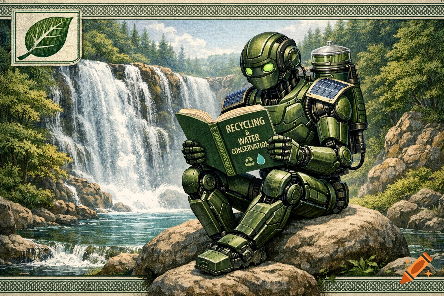 A green robot with solar panels sits on a rock by a large waterfall, reading a book titled 'Recycling & Water Conservation'.