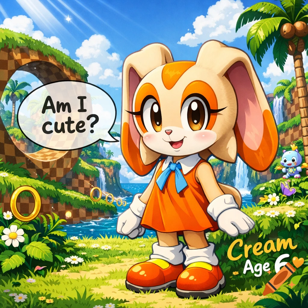 Cream the Rabbit from Sonic the Hedgehog in Green Hill Zone asks 'Am I cute?' in a speech bubble, with 'Cream Age 6' text.