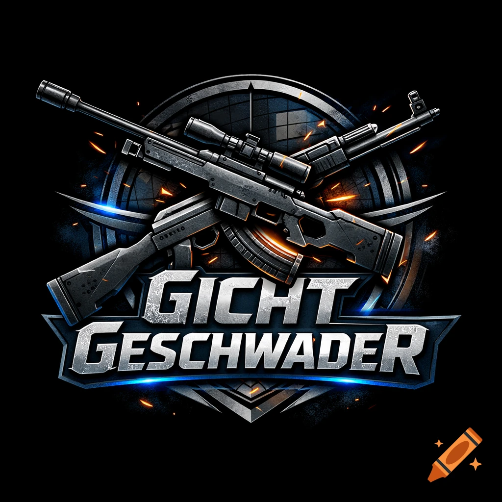 A metallic gaming logo for 'GichtGeschwader' with a crossed AWP and AK47 rifle against a dark, glowing emblem.