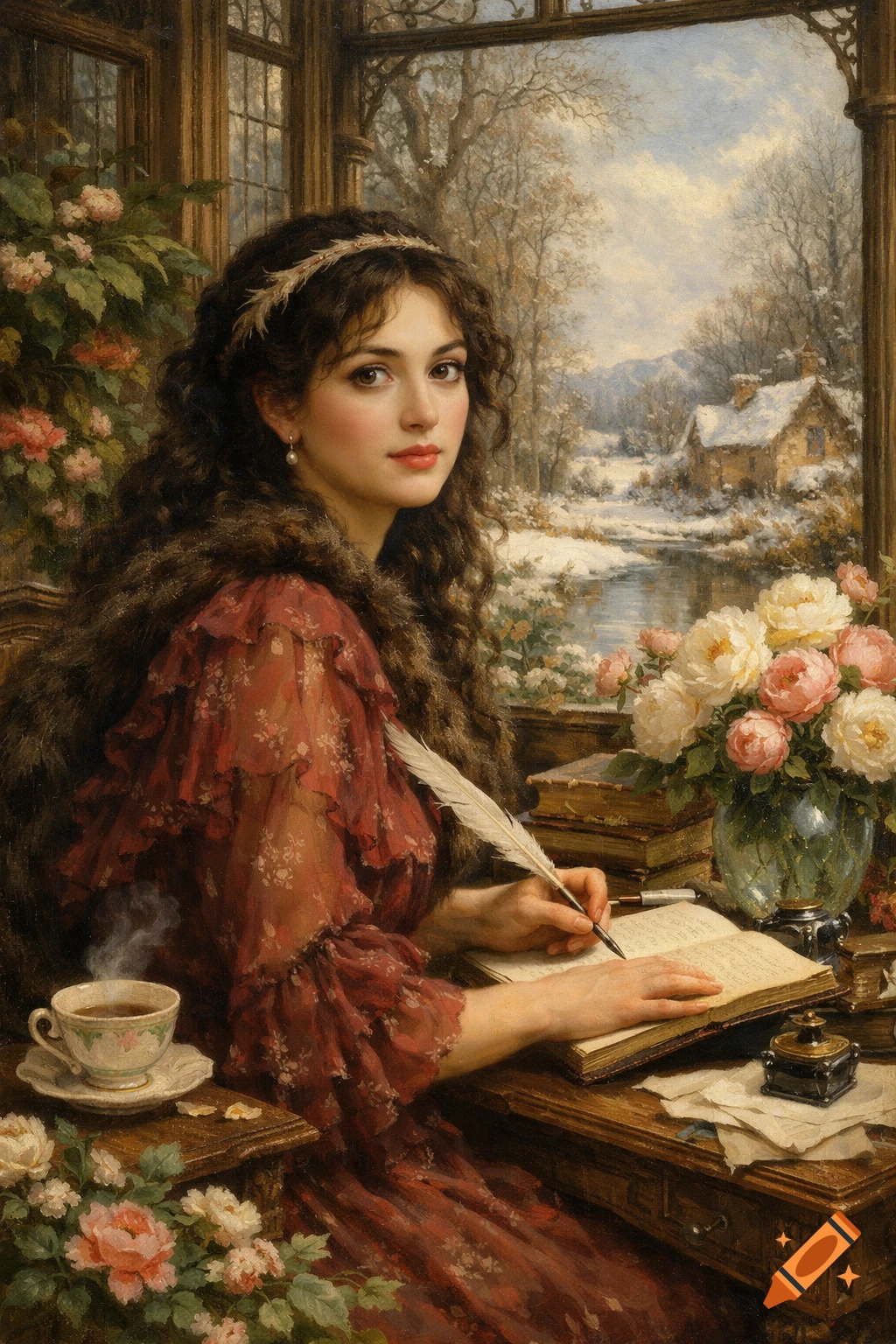 Oil painting of a woman with dark curly hair writing at a desk by a window, a snowy landscape outside.