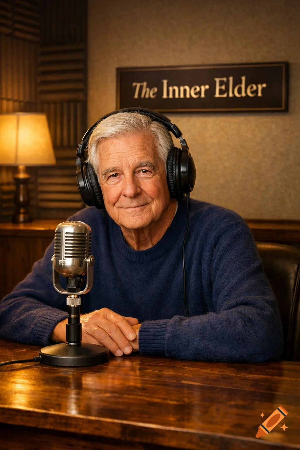 A photorealistic elderly man wearing headphones sits at a desk with a microphone in a podcast studio, with a sign reading 'The Inner Elder' in the background.