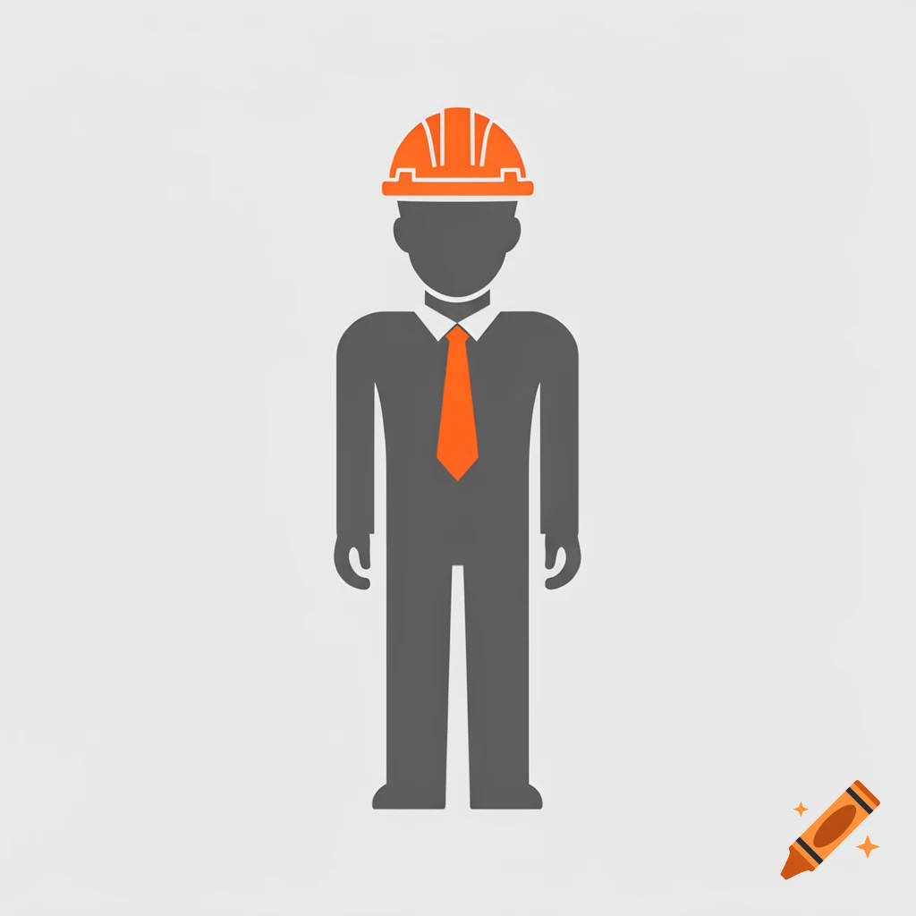 Icon of a person in a gray suit and orange tie, wearing an orange hard hat, on a light gray background.