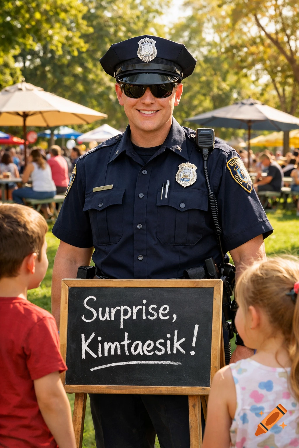 A smiling police officer in uniform stands between two children, holding a chalkboard sign that reads 'Surprise, Kimtaesik!' at an outdoor event.